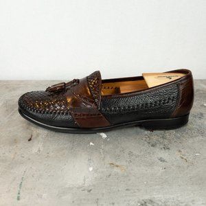Mezlan Santa Cruz Men's 9.5 Brown Black Woven Leather Handmade Dress Shoe Loafer